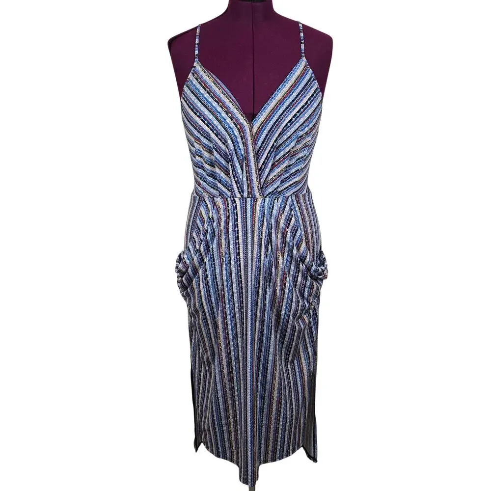 Women's BCBGeneration Blue Striped V-Neck Midi Length Hi Low Dress | Size Medium - Picture 2 of 12